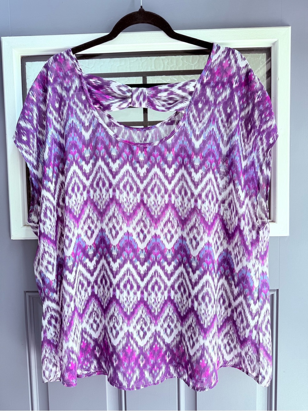 torrid Purple Ikat Print Short Sleeve Tunic with Back Twist